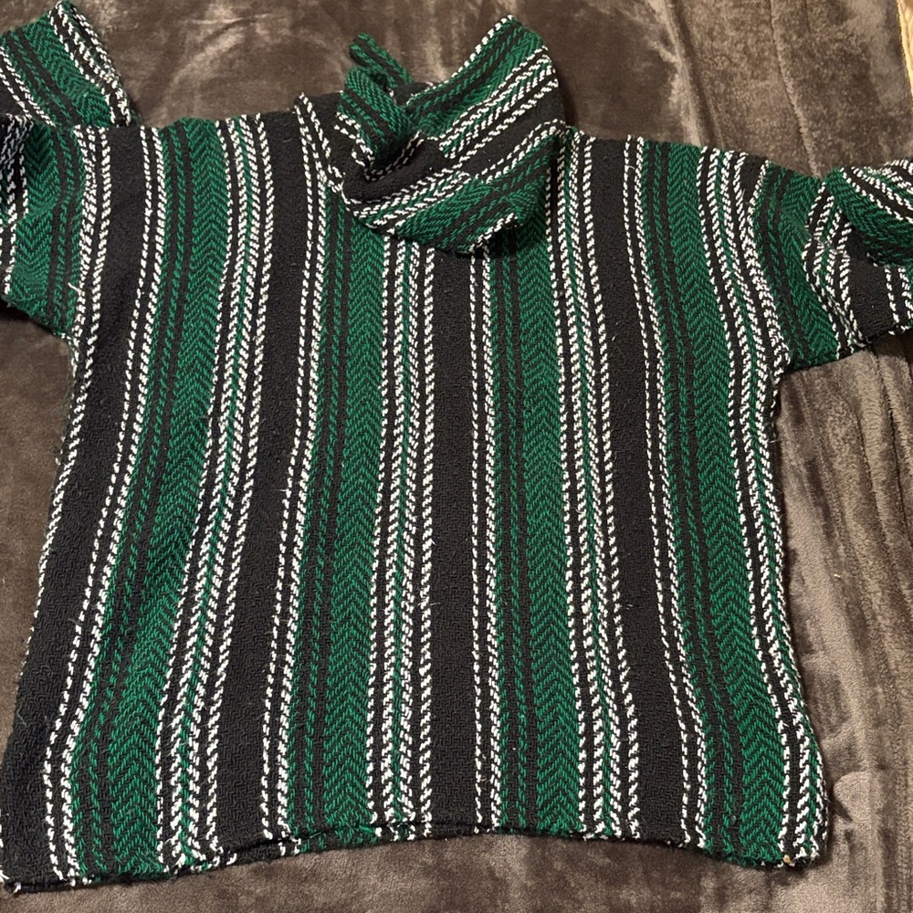 Mexican Woven Baja- Rug Hoodie Black Green & white Striped Baja Hoodie XL - Picture 6 of 10
